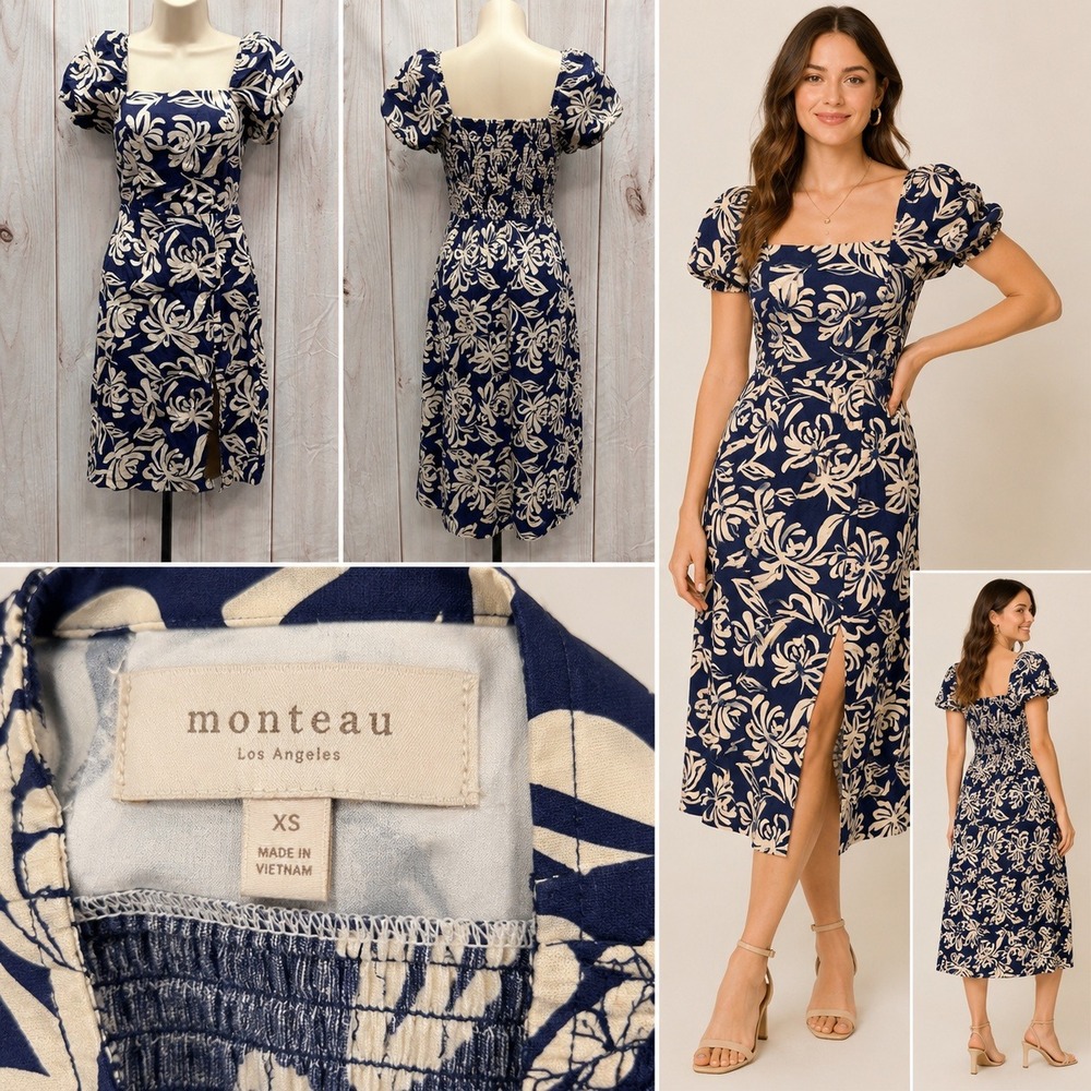Monteau Los Angeles Navy Blue Floral Puff Sleeve Smocked Midi Dress XS Slit - Picture 4 of 4
